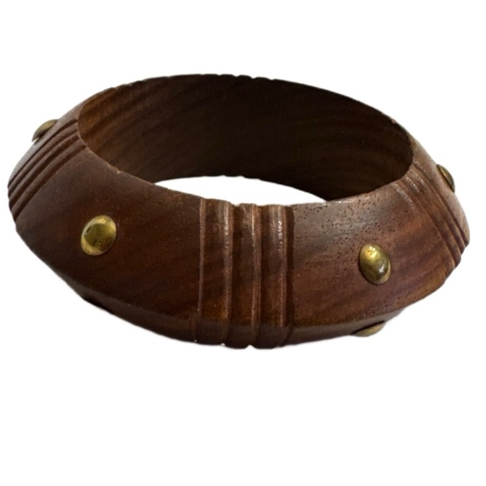 Vintage MCM 70s Brass Studs Chunky Wooden Bangle Statement Bracelet 8” Round